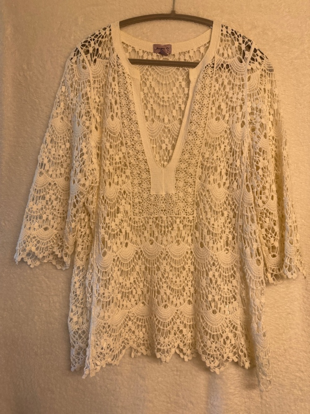 Juniper Lane Open Crochet 100% Cotton Lace Tunic in White w/ Long V-neck